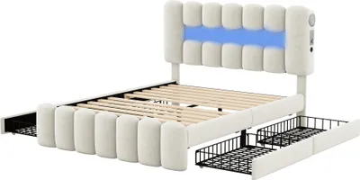 Obrázok produktu pre 140 x 200 čalúnená posteľ, čalúnená posteľ so 4 zásuvkami, čalúnená posteľ s LED svetelným pásom s USB a stereo systémom, béžová