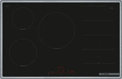 Produktbild von Bosch, Induktionskochfeld, 80 cm, autark, PXV845HC1E, Glaskeramik, umlaufender Edelstahlrahmen, Schwarz, 5 Kochzonen, Home Connect, PerfectFry Plus Bratsensor, Smart Hood Automatic