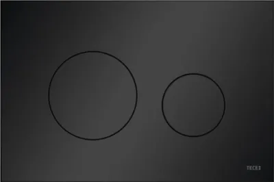 A black flush plate with two circular buttons and a brand logo.