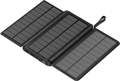 A black solar power bank with its panels unfolded, displayed on a white background.