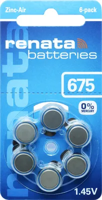 A blister pack of Renata zinc-air batteries, model 675.
