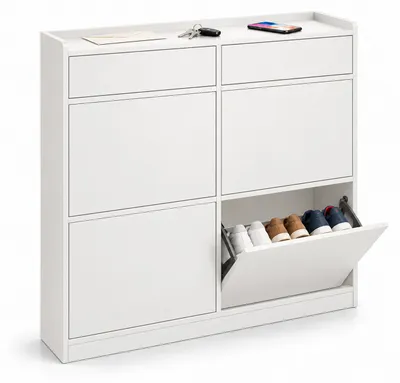 Obrázek produktu pro Relaxdays, botník, 4 přihrádky, 2 police, kapacita 8-10 párů bot, rozměry: 95x98x19 cm, úzká skříňka na boty, ochrana proti převrácení, bílá barva, Obrázek vytvořený pomocí AI