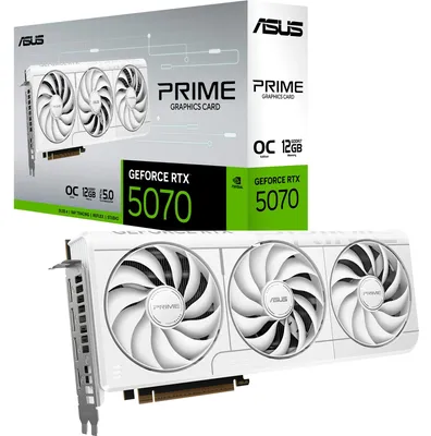 Immagine prodotto di Scheda grafica ASUS PRIME GeForce RTX 5070 OC White, modello PRIME-RTX5070-O12G-WHITE, con 12 GB di memoria DDR7, 1 porta HDMI e 3 porte DisplayPort
