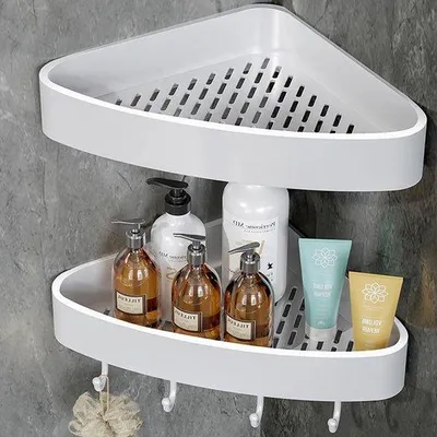 Produktbild von Zwei Kunststoff-Dussschalen ohne Bohren, selbstklebende Dussschale, Kunststoff-Badzimmer-Organizer, Ecke-Platte, Dussschale, Ecken-Dussschale, Badzimmer-Platte, Badzimmer-Platte, Dusshandschuh für Badzimmer und Küche, weiß
