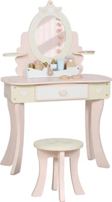 A child's pink and cream wooden vanity table with a mirror and a matching stool, set against a white background.