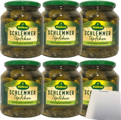 Produktbild von Kühne Schlemmertöpfchen Gewürzgurken mit Kräutern verfeinert feine Gürkchen Cornichons 6er Pack (6x300g Glas) + usy Block