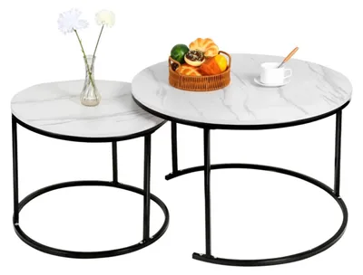 Produktbild von Runder Couchtisch Set - 2er Set Couchtisch / Beistelltisch - Metallgestell - Modernes Wohnzimmer - Für Wohnzimmer Schlafzimmer Balkon - Weiß