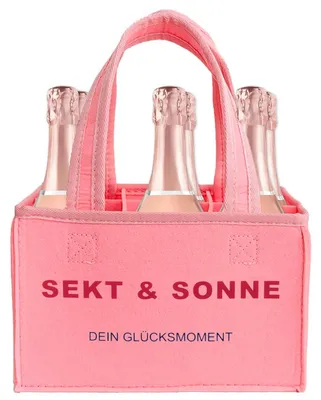 Image de Sac à bouteilles avec 6 compartiments, en feutre rose, avec l'inscription "Sekt & Sonne" (Champagne et soleil)