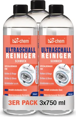 Produktbild von bio-chem Bio Ultraschallreiniger Konzentrat 3x 750 ml inkl. Dosierbecher, geruchsfrei, alkoholfrei, Reinigungszusatz für Ultraschallgeräte/Ultrasonic-Cleaner für Brillen, Schmuck u.v.m.