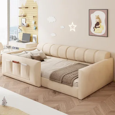 Produktbild von Flieks Kinderbett 90x200cm mit Rausfallschutz und Seitentaschen, Schlafsofa Einzelbett mit Rücken- und Armlehnen, Daybed Gästebett Samt, Beige