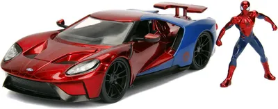 A toy Ford GT car and a Spider-Man action figure are displayed against a white background.