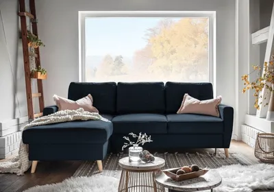 Produktbild von MIUFORM Lars - Ecksofa mit Bettfunktion und Bettkasten - 223x148cm - Marineblau - L-Form Links - Schlafsofa Couch