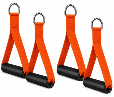 Produktbild von Einhandgriffe für Widerstandsbänder 4er Set Orange – Trainingsgriffe mit Schaumstoffgriff & Edelstahl D-Ring – Kabelzug Griffe für Fitnessbänder, Expander, Krafttraining, Pilates, Yoga & Home Gym