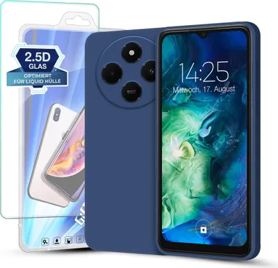 Produktbild von Hülle für Xiaomi Redmi 14C mit 9H Displayglas Displayschutz Plus Case Cover Bumper Silikon Softgrip Schutzhülle Farbe: Blau