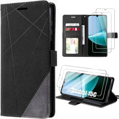 Image de Coque + 2 Verres Trempés pour Xiaomi Redmi 15C 4G/5G, Antichoc Anti-Rayures Cuir Synthétique - Noir Gris