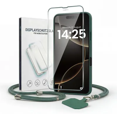 Produktbild von Handyhülle für Apple iPhone 17 Pro Max mit Handykette und 9H Displayglas Displayschutz Band Kordel Hülle Case Schutzhülle Grün