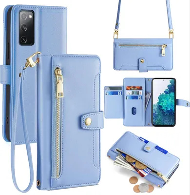 Produktbild von Handykette Samsung Hülle mit Band Handyhülle Kartenfächer Kunstleder Umhängetasche Galaxy S20 FE Hellblau