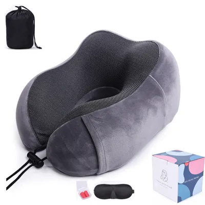 Produktbild von Nackenkissen(29*25*15,Grau)mit Schlafmaske,Ohrstöpsel,Tasche,weicher Memory-Schaum,ergonomisch geformtes Nackenstützkissen,maschinenwaschbares Reisekissen ideal für Reisen,Flugzeug,Büro und Camping