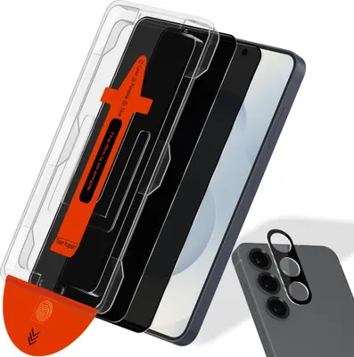 A product shot of a phone screen protector and camera lens protector kit, with an installation guide.