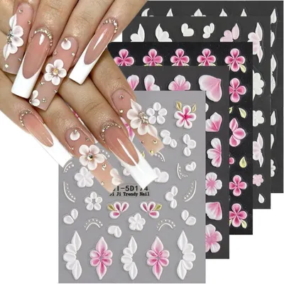 Image de Autocollants décoratifs 5D en relief, motifs floraux roses et blancs pour nail art