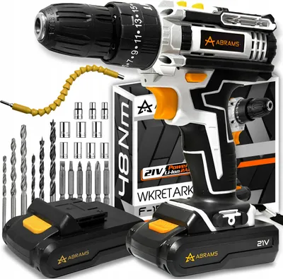A cordless drill and its accessories are displayed on a white background.