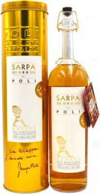 A bottle of Grappa Poli Sarpa Oro Barrique and its golden cylindrical packaging are displayed side-by-side against a white background.
