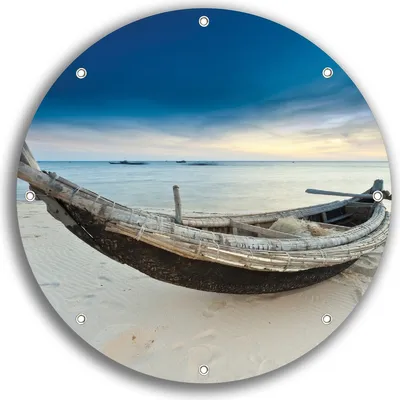 Produktbild von Wallario rundes Outdoor-Poster für Garten oder Balkon, Motiv Fischerboot am Strand mit Sonnenuntergang, 30 cm Durchmesser