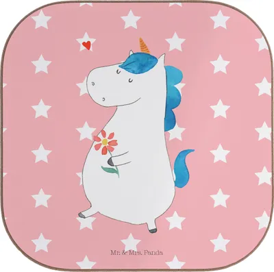 Produktbild von Mr. & Mrs. Panda Untersetzer für Gläser Einhorn Spaziergang - Rot Pastell - Geschenk, Gute Laune, gläseruntersetzer, Einhörner, Unicorn, Tasse, Tischschoner, Coaster