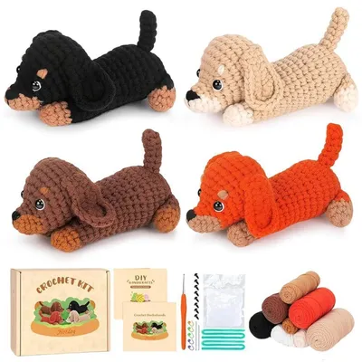 Immagine prodotto di Kit per realizzare animali all'uncinetto: bassotti, ideale per principianti, confezione da 4 pezzi, completo di filati e aghi, con istruzioni video incluse