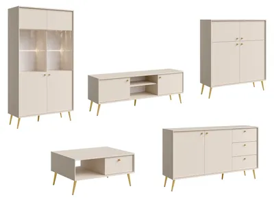 Productafbeelding van Woonkamer set "Rose": Woonwand, verkrijgbaar in verschillende uitvoeringen. Inclusief: 1 vitrinekast, 1 lage kast, 1 hoge kast, 1 salontafel, 1 dressoir, kleur: zandbeige