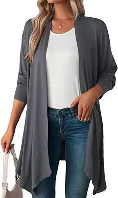 Produktbild von Langer Kimono-Weste für Damen, leichter Cardigan mit langen Ärmeln und offener Vorderseite