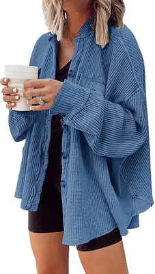 Produktbild von ASKSA Damen Waffelstrick Bluse Hemdjacke Fledermausärmel Button Down Strickjacke Jacke, Blau, M