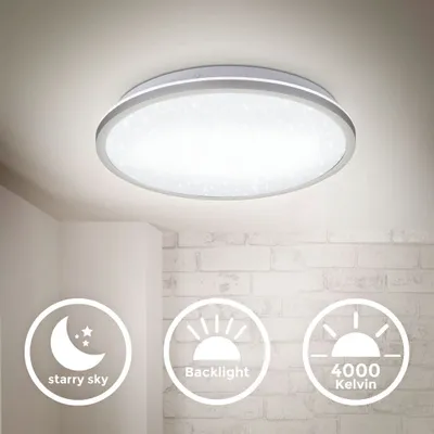 A ceiling lamp with a starry sky effect is shown mounted on a white ceiling, with icons indicating features below.