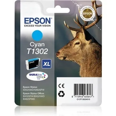 Produktbild von Epson Stag T1302 Hirsch DURABrite Ultra Single Cyan Tinte, High (L) Yield, Cyan, 10,1 ml, 1 Stück(e), Einzelpackung