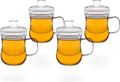 Produktbild von tea4chill Teetassen mit Sieb und Deckel, 4 Glastassen je 400ml, geschwungen, Borosilikatglas