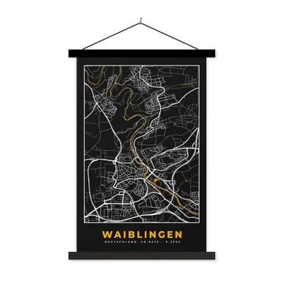 Produktbild von MuchoWow® Textilposter Schwarz und Gold - Stadtplan - Waiblingen - Deutschland - Karte 40x60 cm mit schwarzem Rahmen - Wanddekorationen