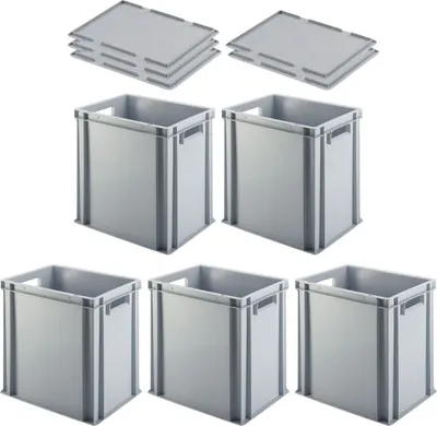Produktbild von SuperSparSet 5x Eurobehälter mit offenem Griff & Auflagedeckel | HxBxT 40x30x40cm | 37 Liter | Grau | Eurobox, Transportbox, Transportbehälter, Stapelbehälter