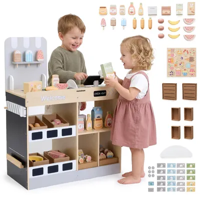 Obrázok produktu pre Detský drevený obchodík Mamabrum s pokladňou, čítačkou a 60 doplnkami, obojstranný, s pohyblivými dverami, rozmer 60 x 29,5 x 78,5 cm, vhodný od 3 rokov