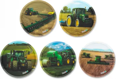 A collage of five round images, each featuring a different John Deere tractor or agricultural machine in a field setting.
