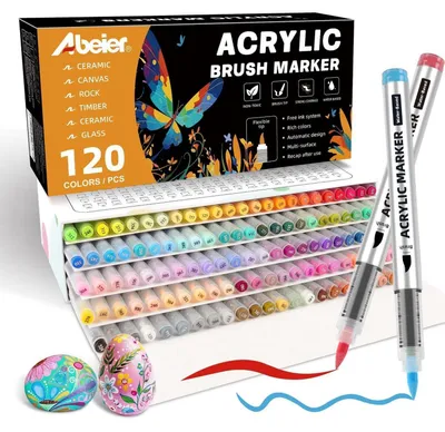 Obrázek produktu pro Sada akrylových fixů, 120 barev, voděodolné, s štětinovou špičkou, rychle schnoucí, netoxické, vhodné pro textil, sklo, dřevo, papír