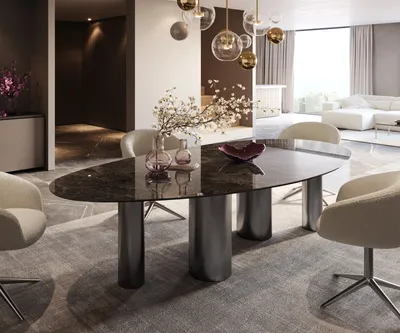 Produktbild von DELIFE Esstisch Edge Oval 280x130 Keramik Emperador Extra Lucidato Dunkelbraun Pilier Edelstahl Graphit