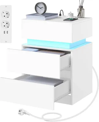 Produktbild von WOLTU Nachttisch mit Ladefunktion, LED-Beleuchtung 25 Lichtfarben, 2 Schubladen : Weiß 1 Farbe: Weiß Stückzahl: 1