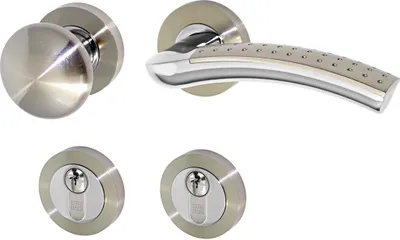A set of door hardware, including a doorknob, a lever handle, and two keyhole escutcheons, displayed against a white background.