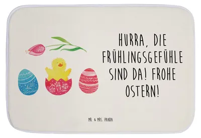 Produktbild von Mr. & Mrs. Panda Badteppich Küken Schlüpfen - Weiß - Geschenk, Ostern, Ei, Badematte, Badezimmerteppich, Ostergrüße, Liebe Grüße, Badvorleger, Teppich Bad, duschmatte