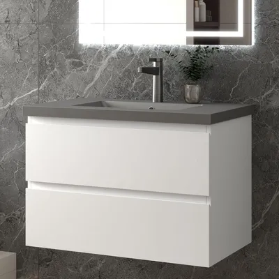 Produktbild von 80 cm Badmöbel-Set Unterschrank mit Dunkelgrau Mineralguss Waschbecken 2 Schubladen soft-close Weiß Matt Selbstmontierter
