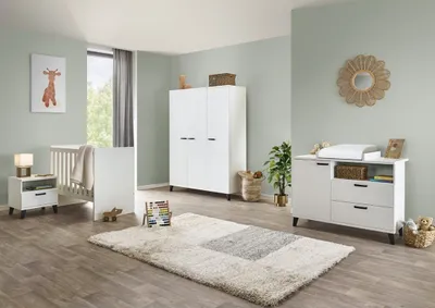 Immagine prodotto di Camera bambino DANAÉ, colore bianco, letto trasformabile da 60x120 a 90x200, armadio, fasciatoio e comodino