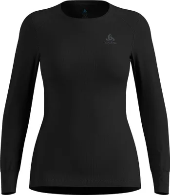 Schwarzes Odlo Active Warm Base Layer Langarmshirt mit Rundhalsausschnitt und Logo auf der Brust