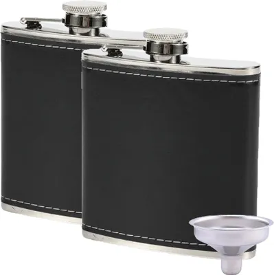 Produktbild von 8 Oz Schnapsflasche Und Trichter, 2er-Set, Auslaufsichere Edelstahl-Taschenflasche Mit Schwarzem Kunstlederfutter