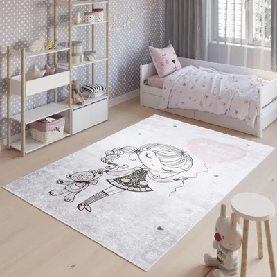 Image de Tapis EMMA Moderne Chambre Enfants Gris Rose Chambre à coucher 140 x 200 cm