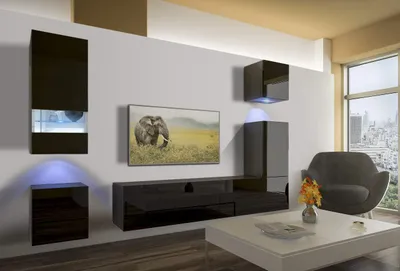 Immagine prodotto di Furnitech Parete attrezzata soggiorno - Mobili da soggiorno con LED Bianco - Parete attrezzata moderna - Scaffali e mobile TV (AN19-18B-HG1 1A)